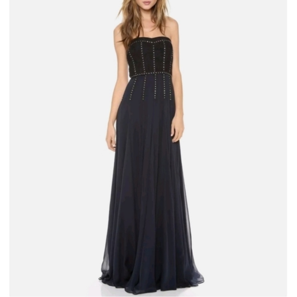 NWT Rebecca Taylor Lace Inset Strapless Gown Navy Blue Silk Maxi Dress